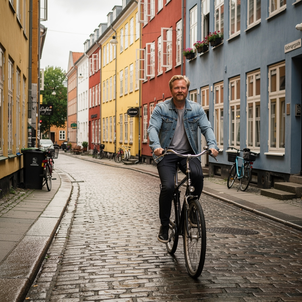 Man cycling through a colorful street in Copenhagen