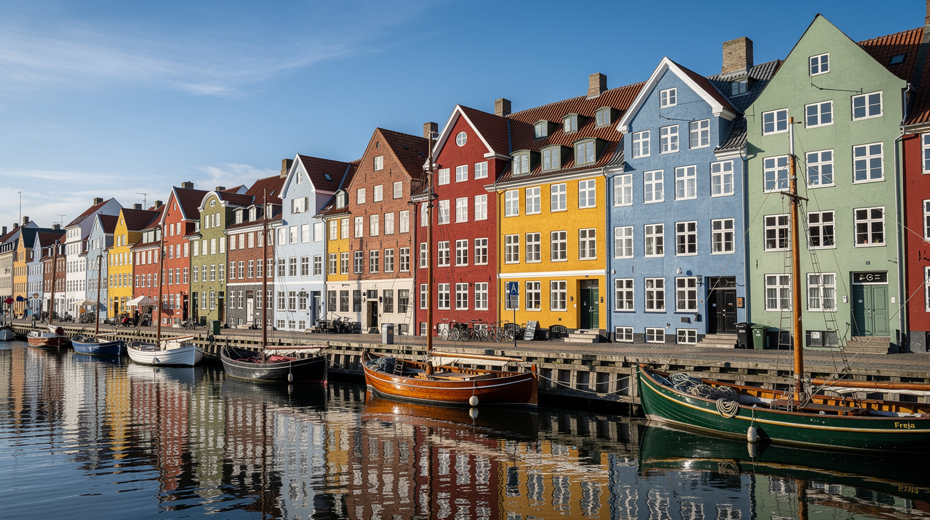 Colorful harbor houses reflecting in the water in Denmark