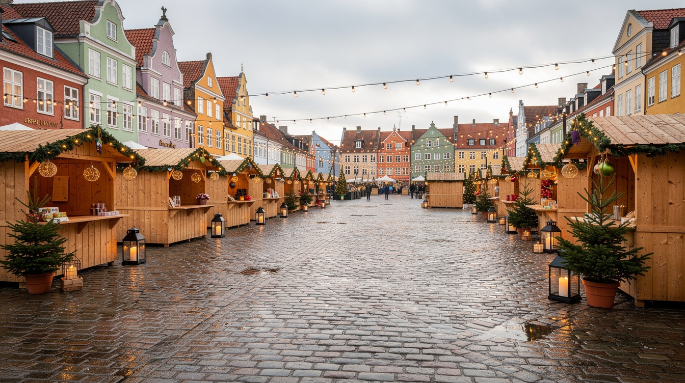 Historic Danish town square decorated for a seasonal fair